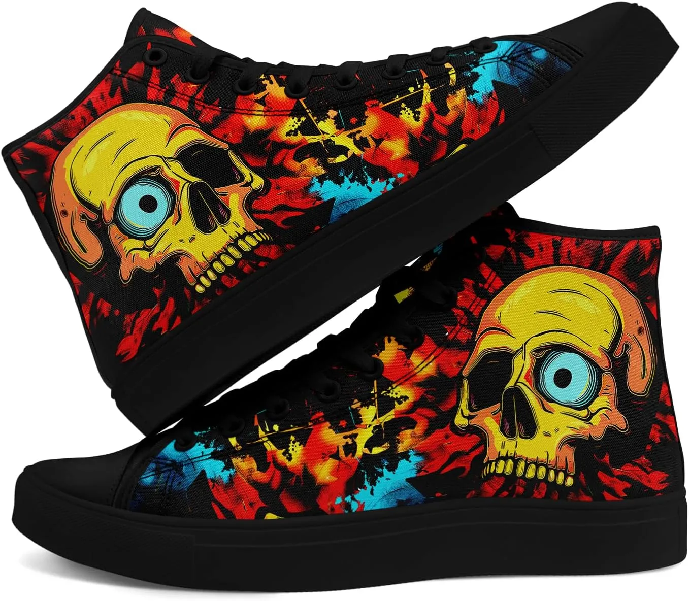 Unisex Skull High Tops Canvas Sneaker Classic Lace Up Fashion Tennis Shoes Casual Flat Walking Shoes