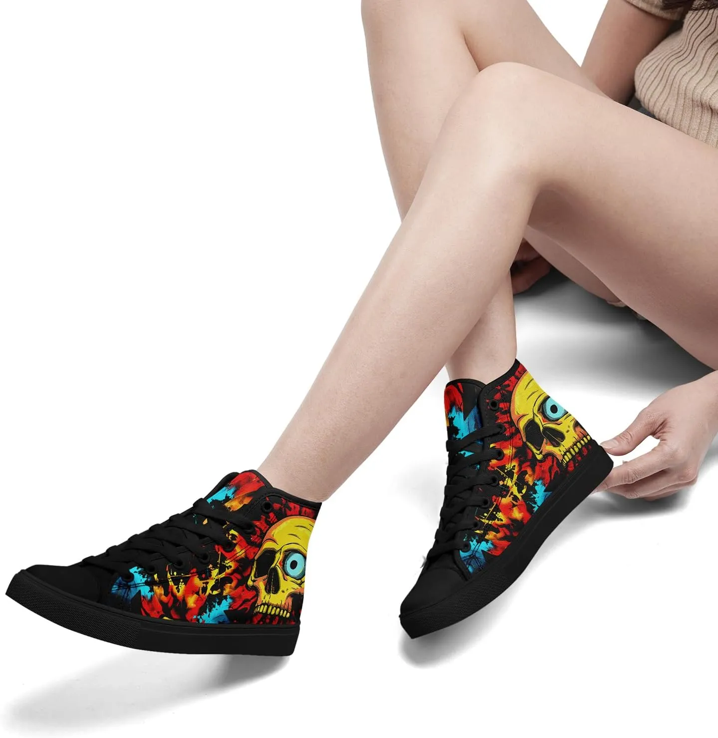 Unisex Skull High Tops Canvas Sneaker Classic Lace Up Fashion Tennis Shoes Casual Flat Walking Shoes