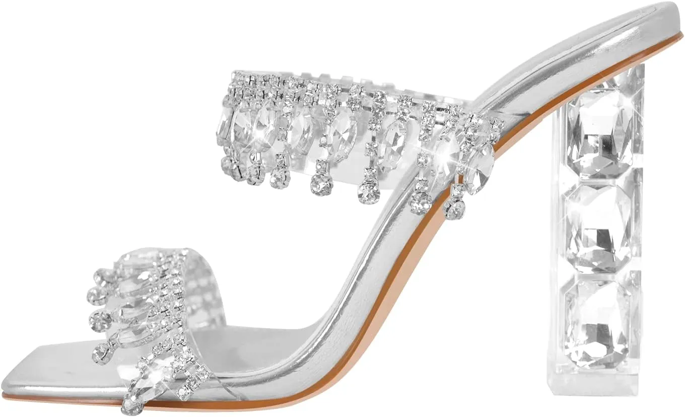 VERISSON Women's Rhinestone Chandelier Mules Sandals Squared Open Toe Crystal High Heels