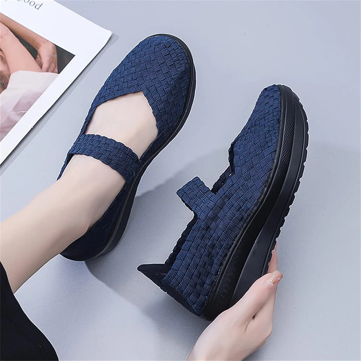 Veroders Women's Platform Wedge Closed-Toe Sandals Comfortable Walking Shoes Woven Pumps Mary Jane Shoes for School Beach