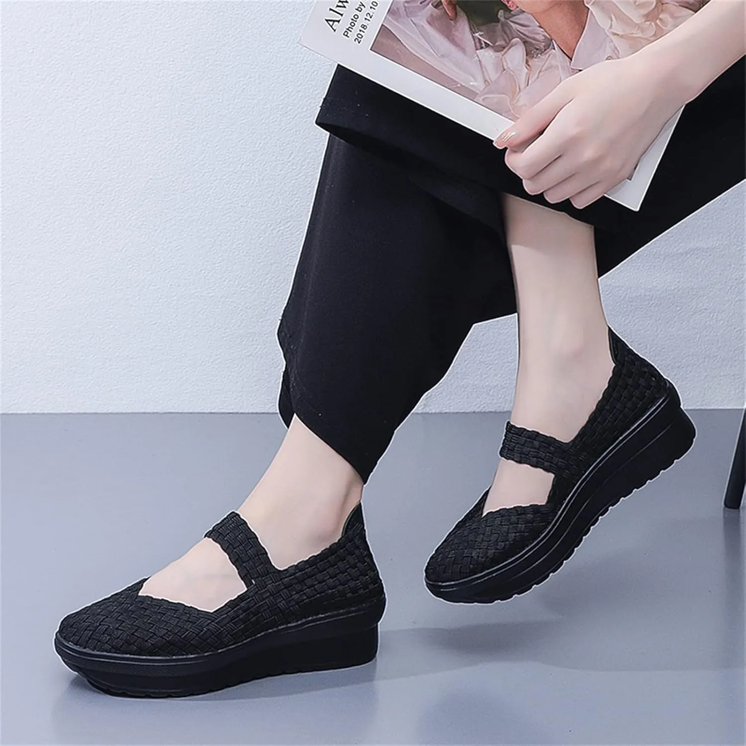 Veroders Women's Platform Wedge Closed-Toe Sandals Comfortable Walking Shoes Woven Pumps Mary Jane Shoes for School Beach