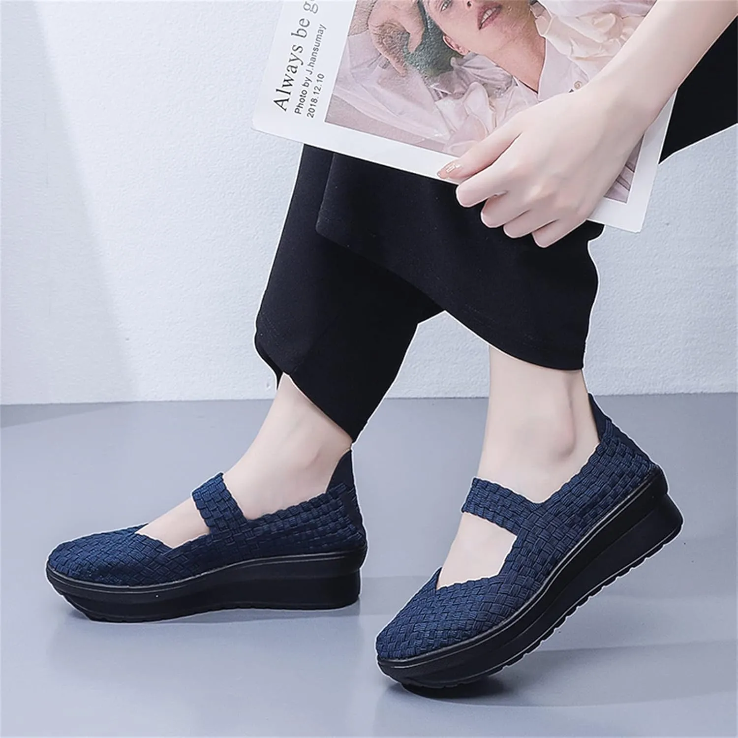 Veroders Women's Platform Wedge Closed-Toe Sandals Comfortable Walking Shoes Woven Pumps Mary Jane Shoes for School Beach