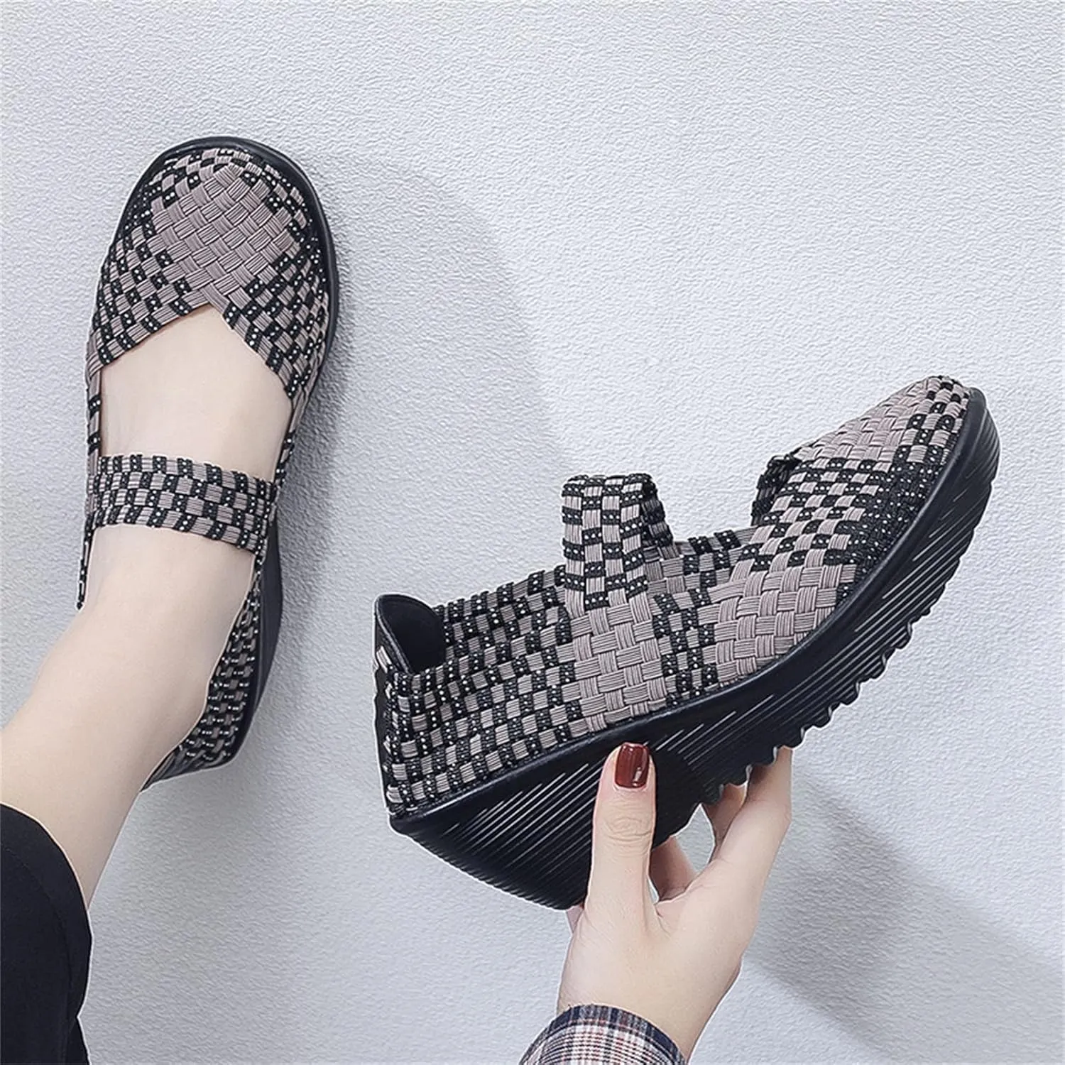 Veroders Women's Woven Elastic Platform Sandals Platform Wedge Sandals for Women Slip-On Wedge Woven Pumps Shoes