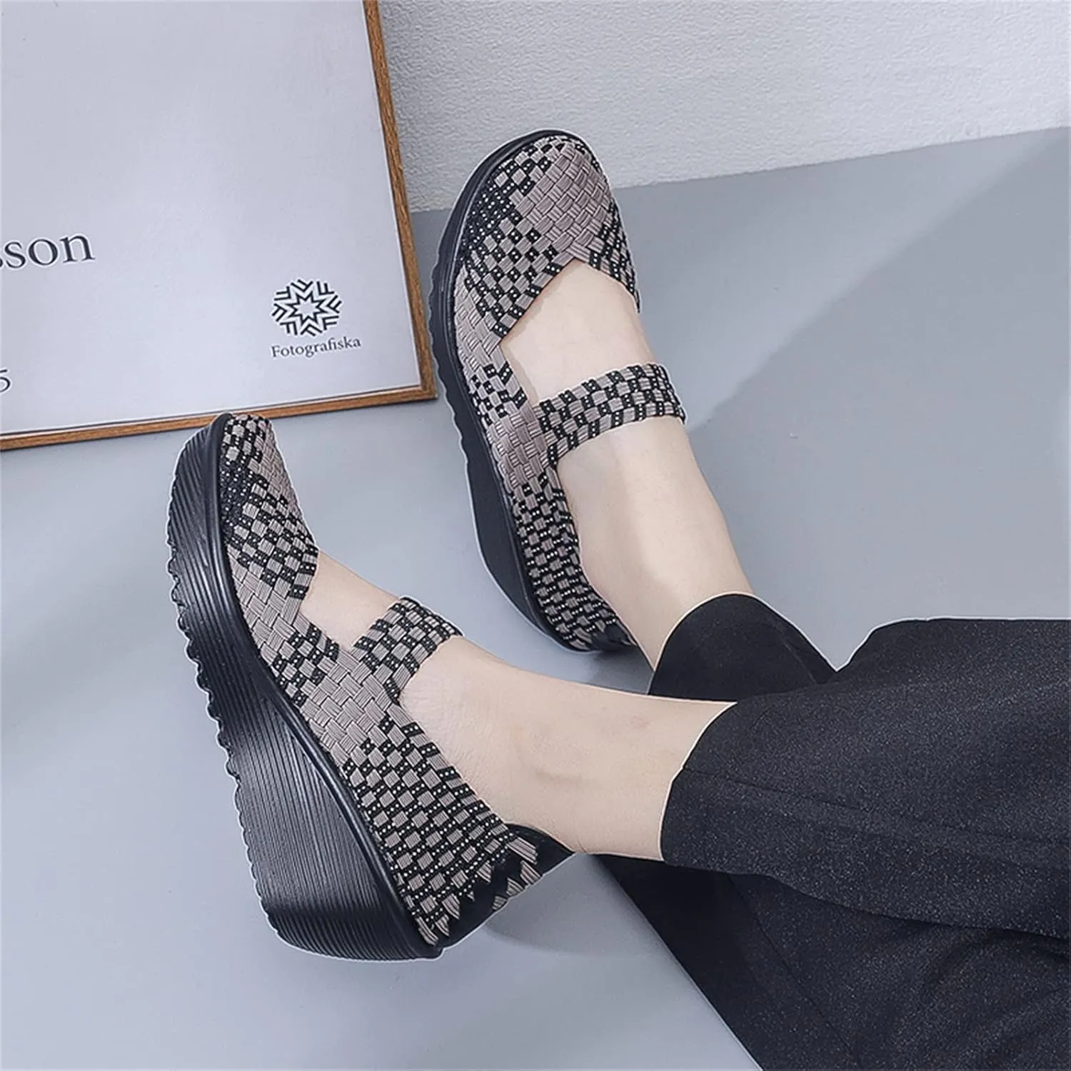 Veroders Women's Woven Elastic Platform Sandals Platform Wedge Sandals for Women Slip-On Wedge Woven Pumps Shoes