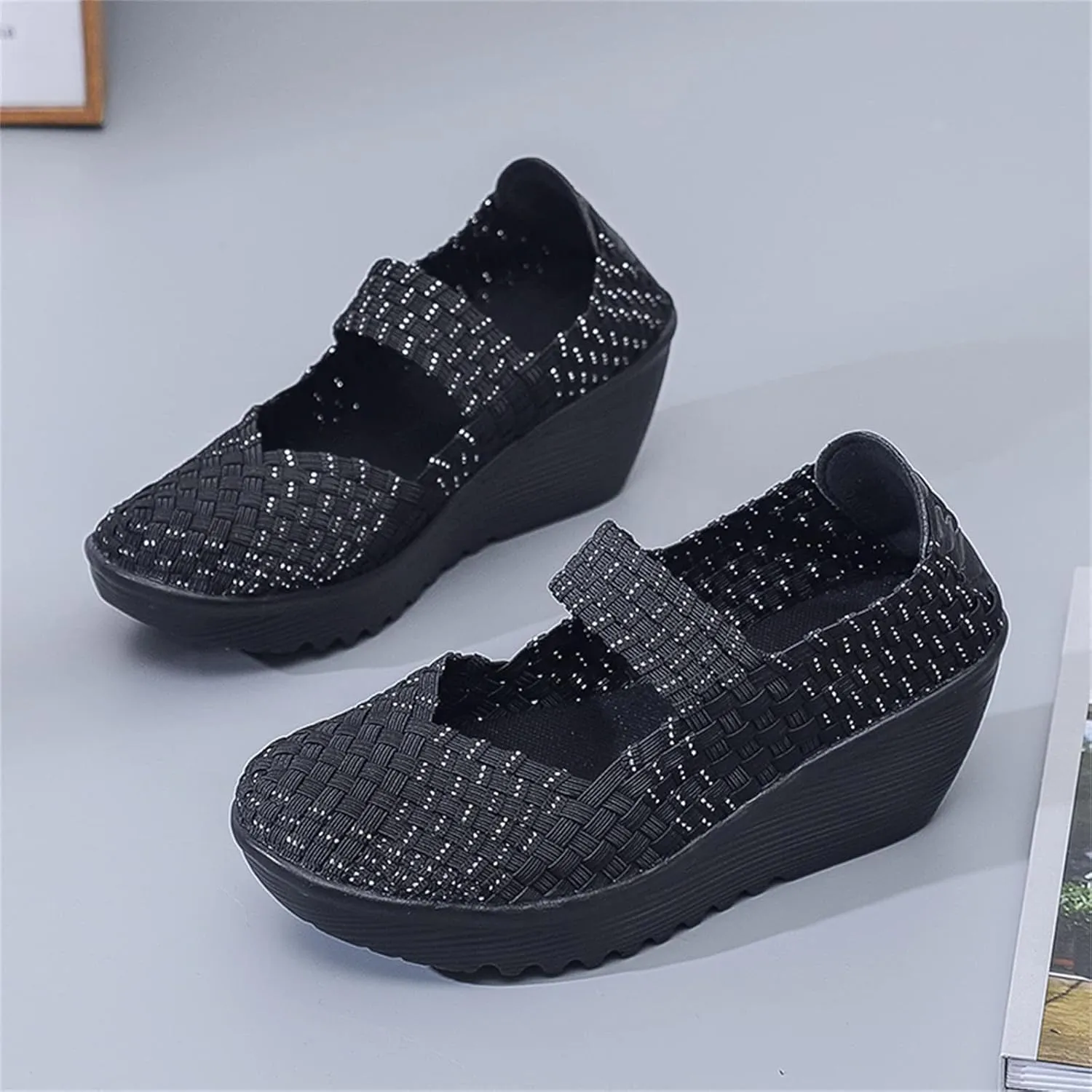 Veroders Women's Woven Elastic Platform Sandals Platform Wedge Sandals for Women Slip-On Wedge Woven Pumps Shoes