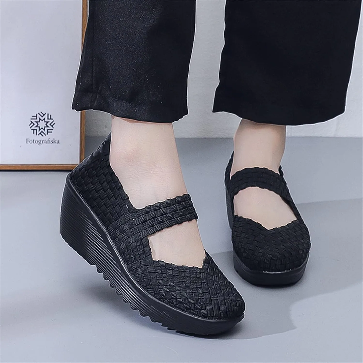 Veroders Women's Woven Elastic Platform Sandals Platform Wedge Sandals for Women Slip-On Wedge Woven Pumps Shoes