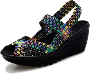 Veroders Women's Woven Elastic Sandals Breathable Flexible Comfortable Platform Wedges Sandals Walking Mary Jane Platform Sandals Shoes