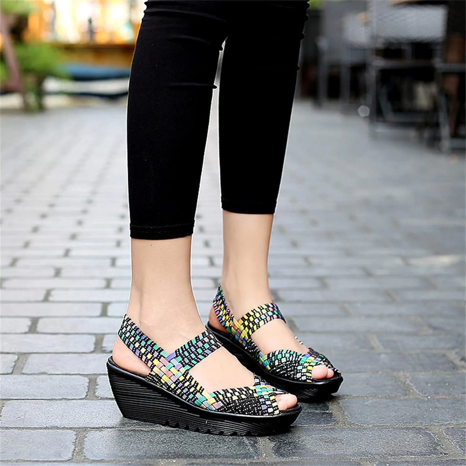 Veroders Women's Woven Elastic Sandals Breathable Flexible Comfortable Platform Wedges Sandals Walking Mary Jane Platform Sandals Shoes