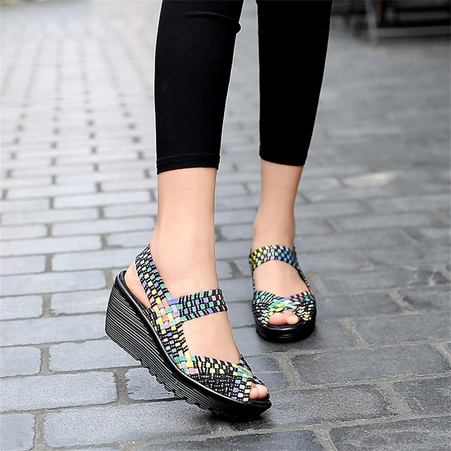Veroders Women's Woven Elastic Sandals Breathable Flexible Comfortable Platform Wedges Sandals Walking Mary Jane Platform Sandals Shoes
