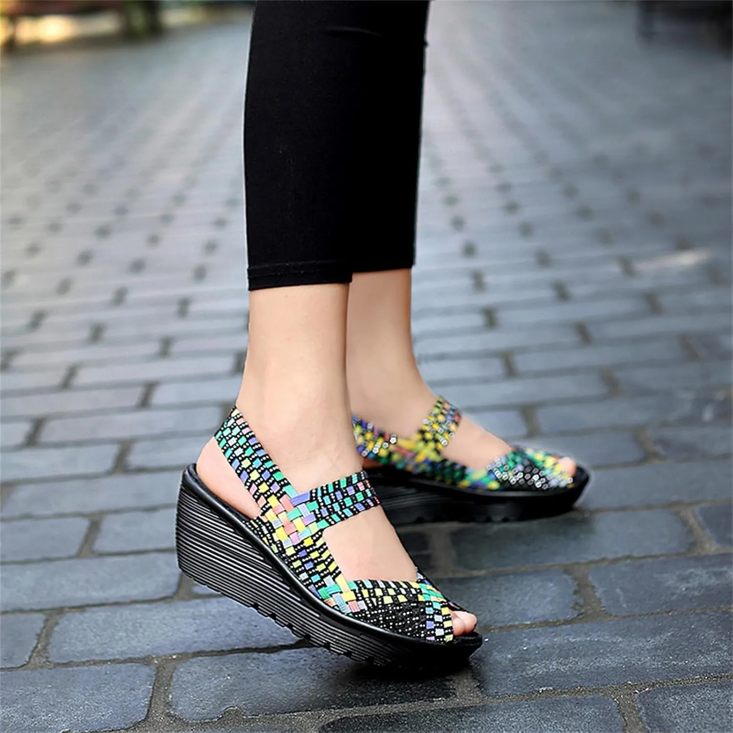 Veroders Women's Woven Elastic Sandals Breathable Flexible Comfortable Platform Wedges Sandals Walking Mary Jane Platform Sandals Shoes