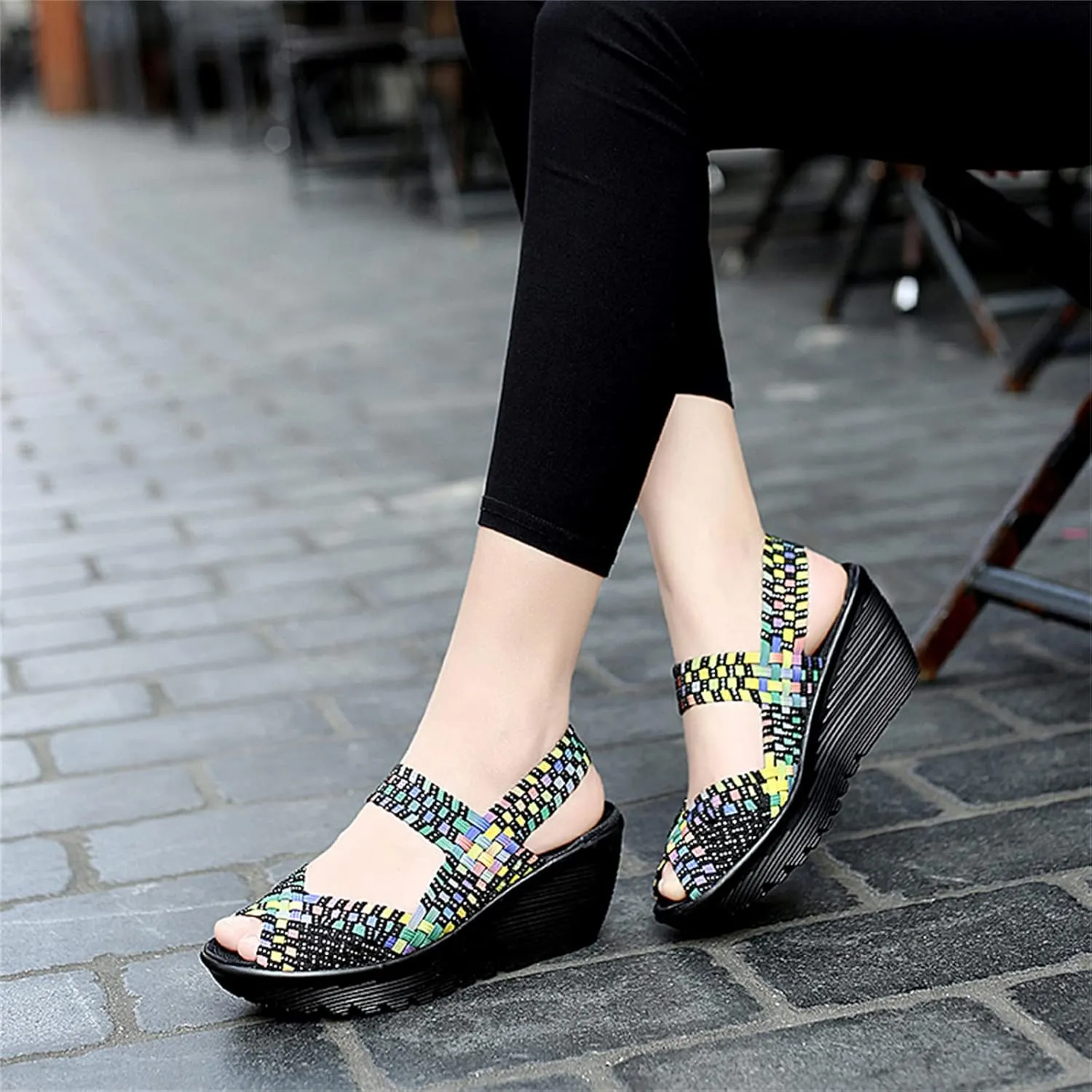 Veroders Women's Woven Elastic Sandals Breathable Flexible Comfortable Platform Wedges Sandals Walking Mary Jane Platform Sandals Shoes