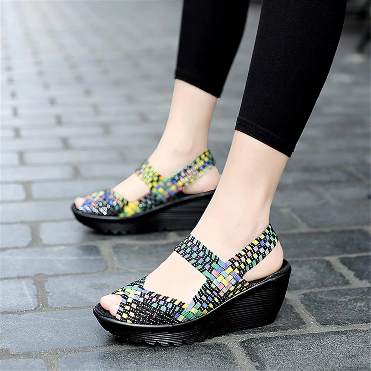 Veroders Women's Woven Elastic Sandals Breathable Flexible Comfortable Platform Wedges Sandals Walking Mary Jane Platform Sandals Shoes