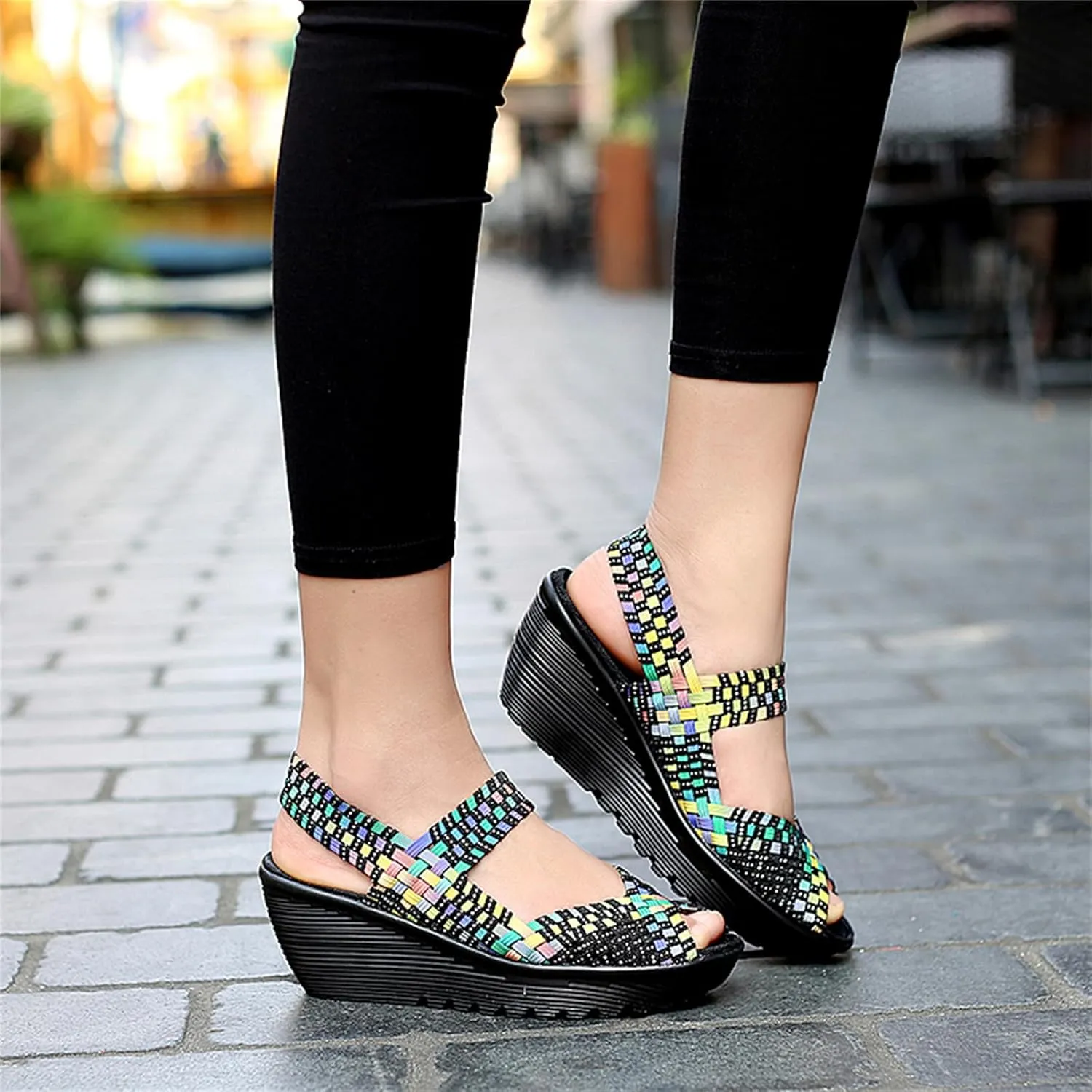 Veroders Women's Woven Elastic Sandals Breathable Flexible Comfortable Platform Wedges Sandals Walking Mary Jane Platform Sandals Shoes