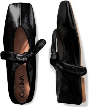 VIMISAOI Square Toe Ballerina Shoes for Women Bow Knots Ballet Flats Mary Jane Flats Slip On Bowtie Strap Flats