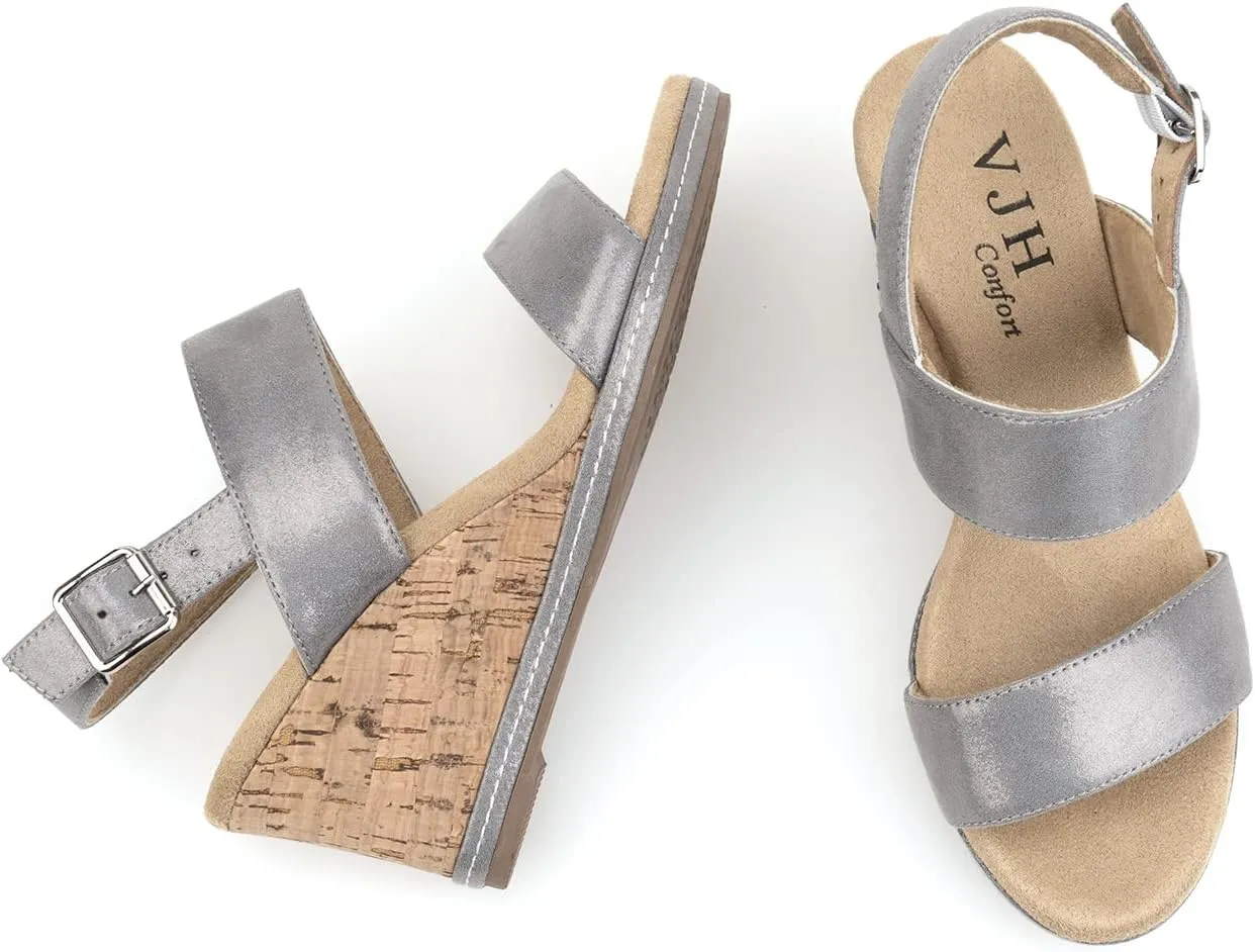 VJH confort Women's Wedge Sandals Buckle Straps Cork Platform Comfort Slingback Dress Open Toe Sandals