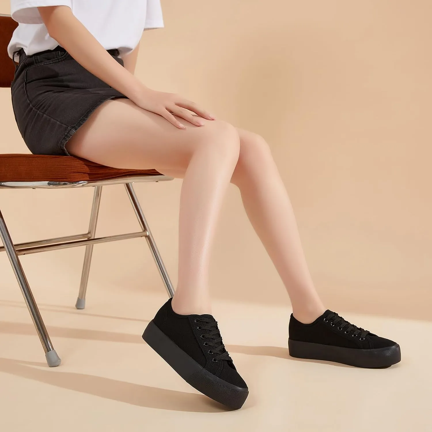 Waluzs Platform Sneakers for Women Low Top Platform Shoes Lace Up Womens Canvas Shoes Breathable White Tennis Shoes