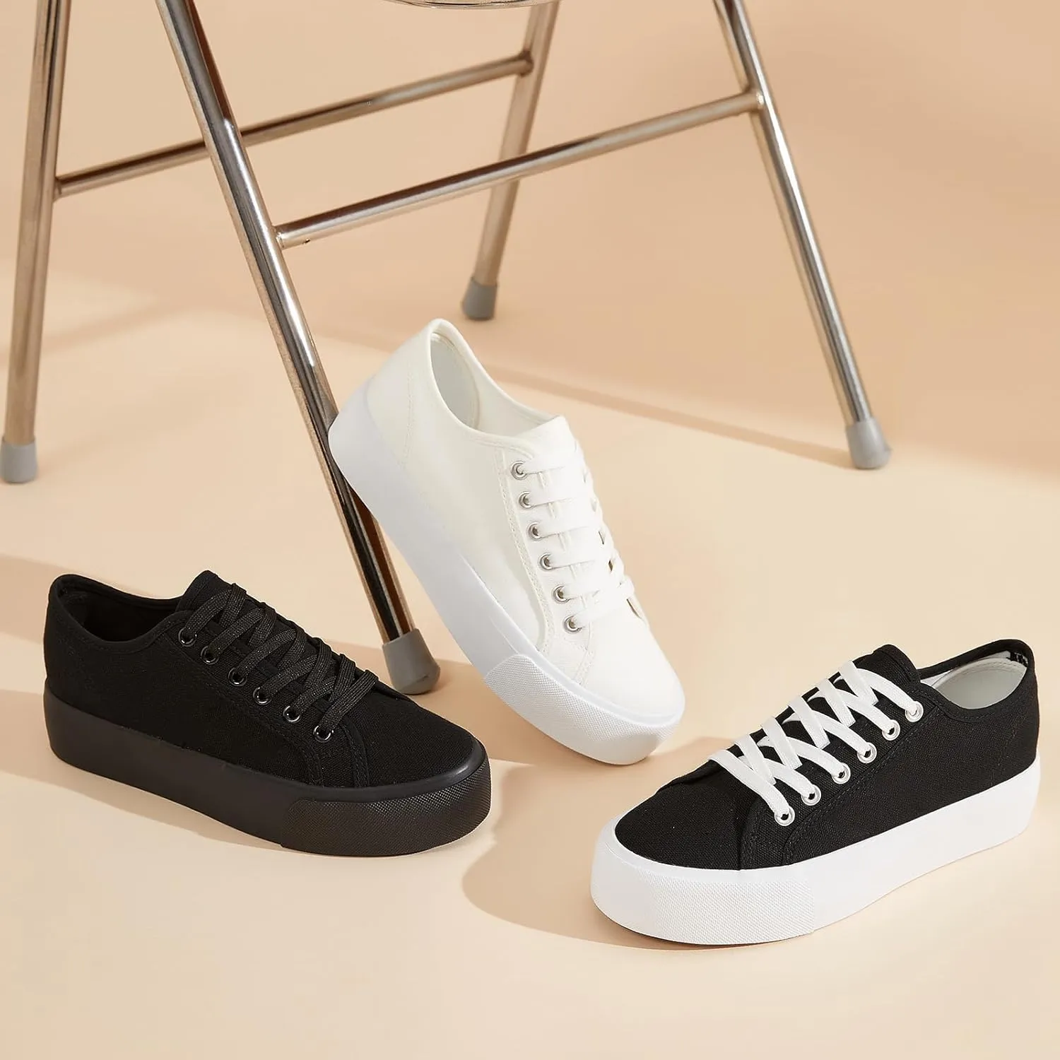 Waluzs Platform Sneakers for Women Low Top Platform Shoes Lace Up Womens Canvas Shoes Breathable White Tennis Shoes