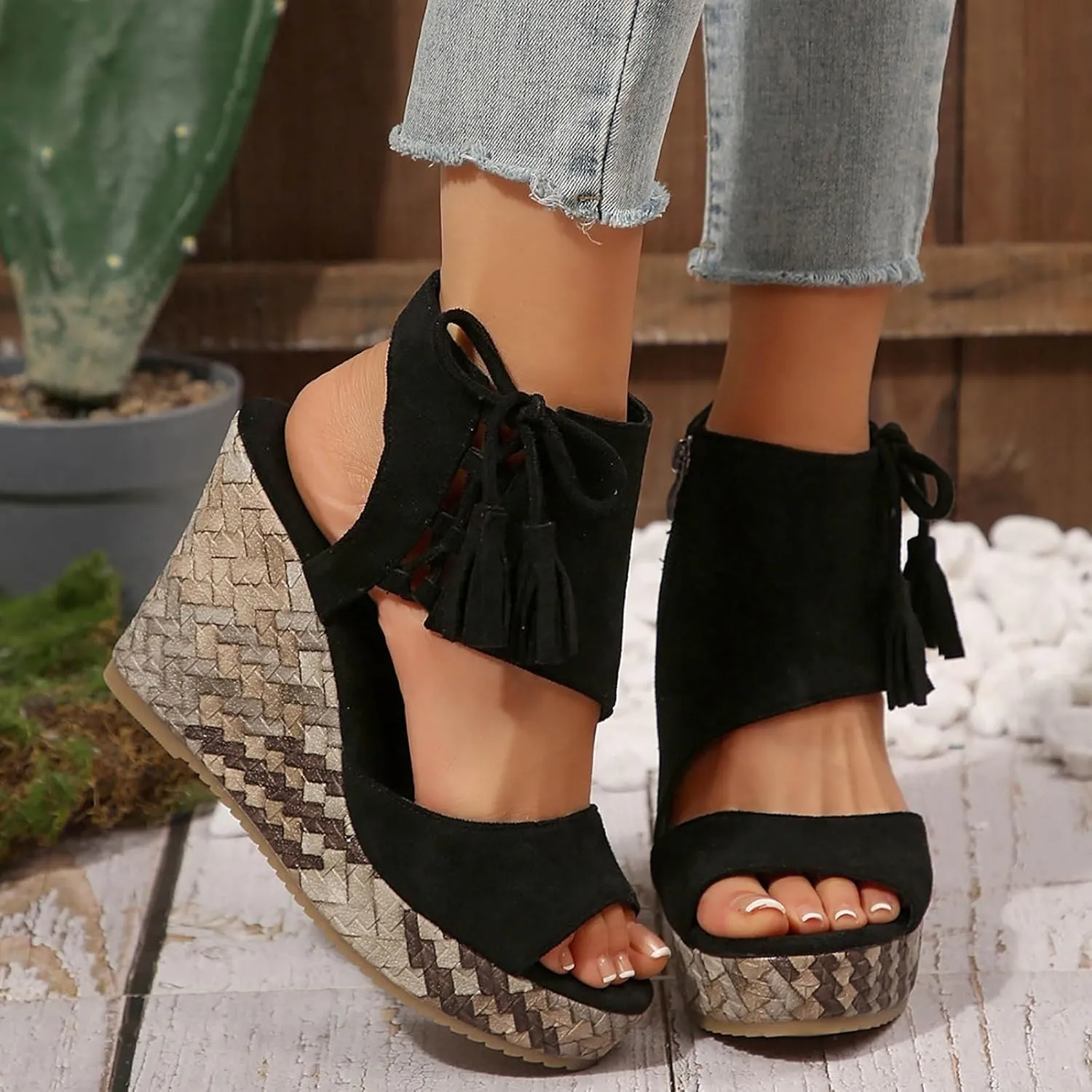 Wedge Sandals for Women 2025 Dressy Summer Open Toe Suede Espadrilles Sandals Comfortable Ankle Strap Platform Wedges Boho Orthopedic High Heels Beach Shoes