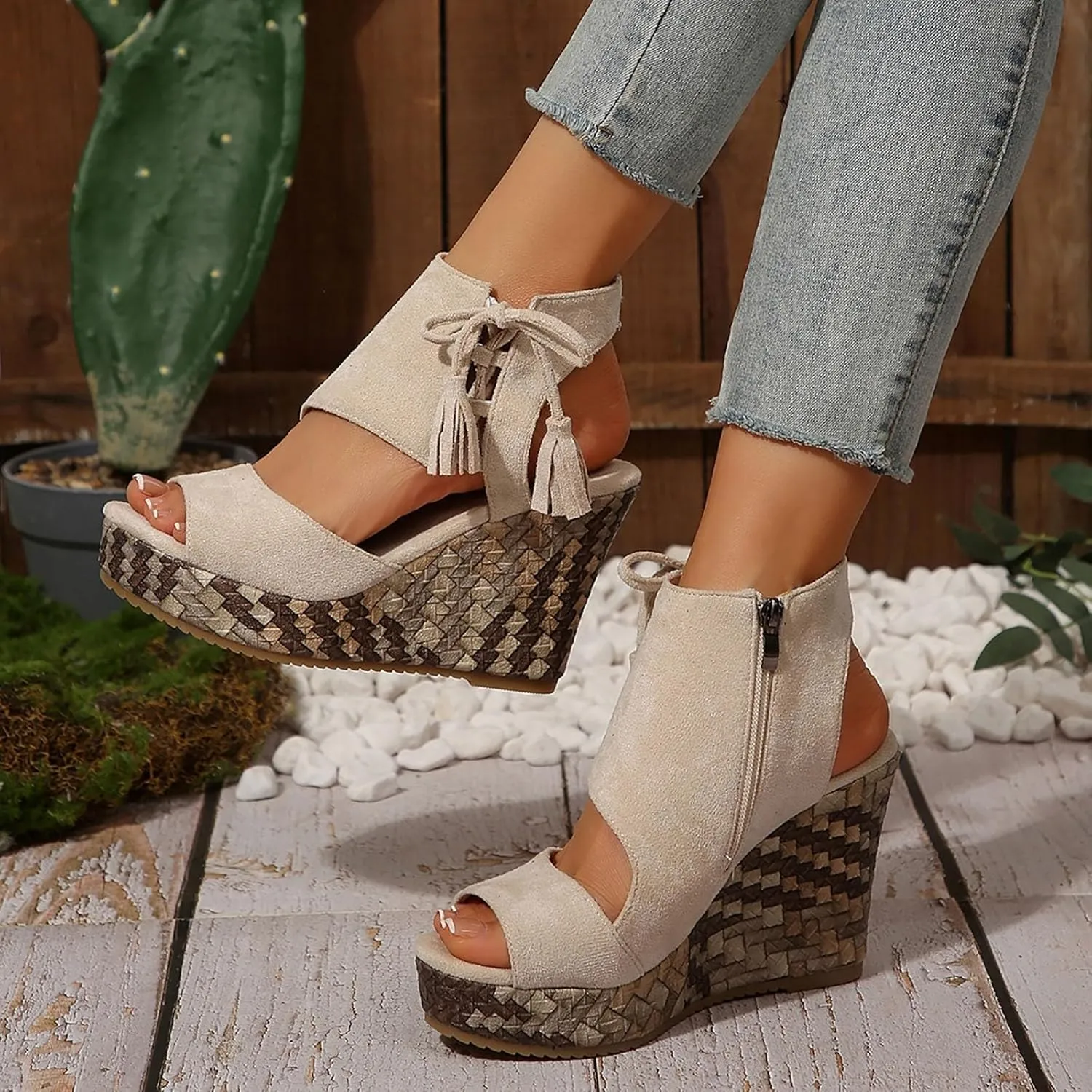 Wedge Sandals for Women 2025 Dressy Summer Open Toe Suede Espadrilles Sandals Comfortable Ankle Strap Platform Wedges Boho Orthopedic High Heels Beach Shoes