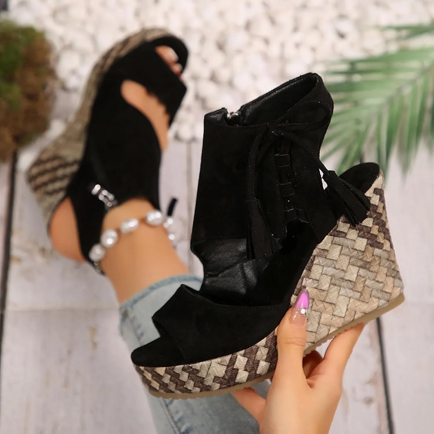 Wedge Sandals for Women 2025 Dressy Summer Open Toe Suede Espadrilles Sandals Comfortable Ankle Strap Platform Wedges Boho Orthopedic High Heels Beach Shoes
