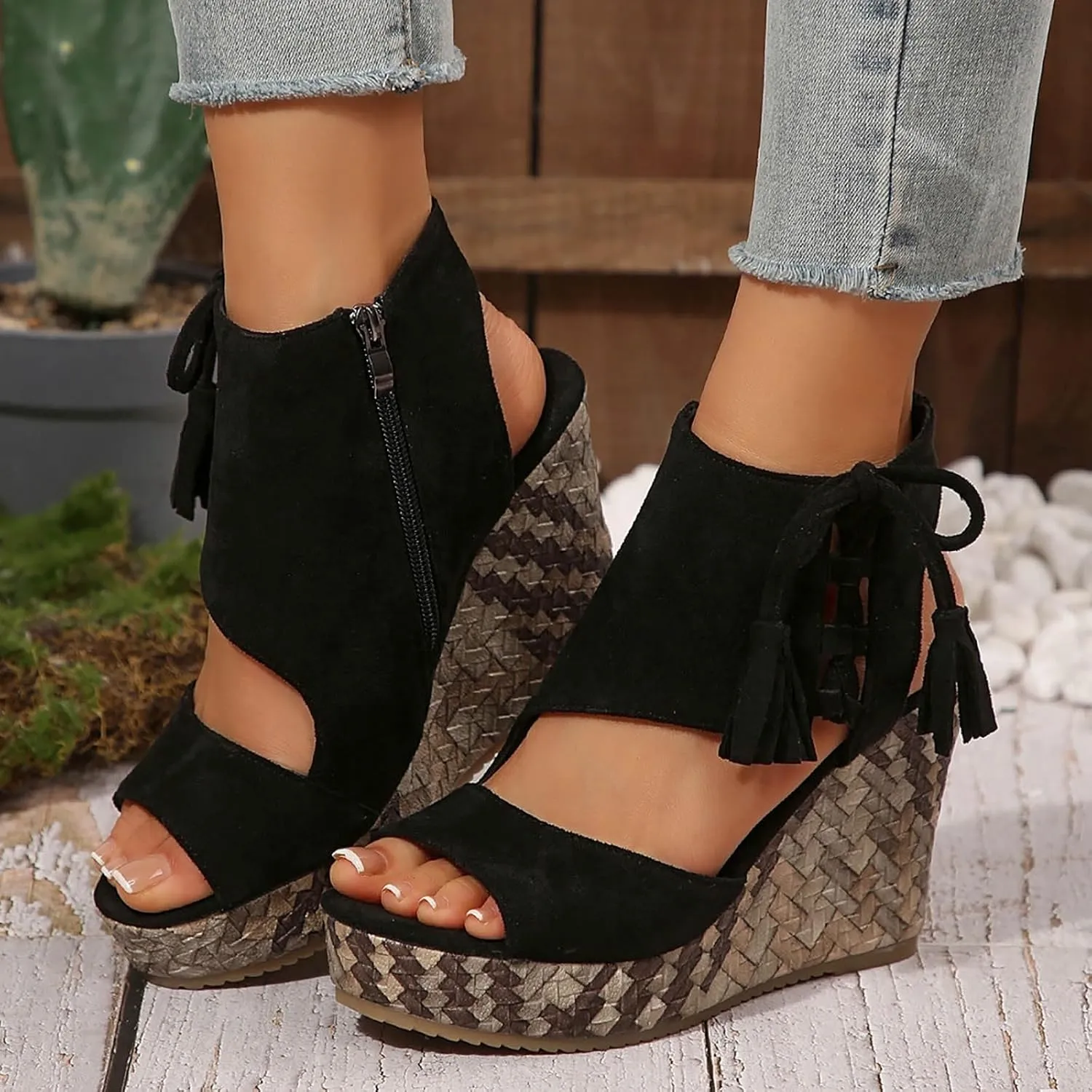 Wedge Sandals for Women 2025 Dressy Summer Open Toe Suede Espadrilles Sandals Comfortable Ankle Strap Platform Wedges Boho Orthopedic High Heels Beach Shoes