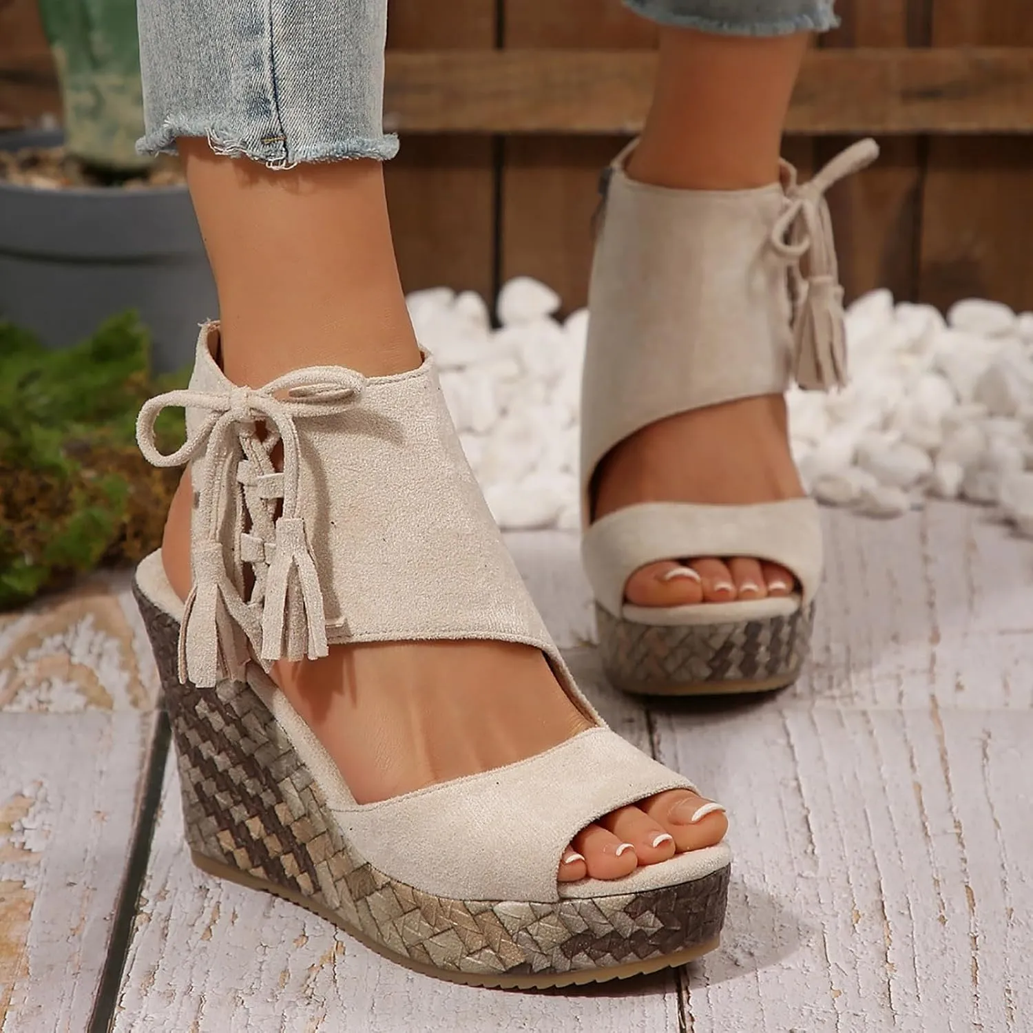 Wedge Sandals for Women 2025 Dressy Summer Open Toe Suede Espadrilles Sandals Comfortable Ankle Strap Platform Wedges Boho Orthopedic High Heels Beach Shoes