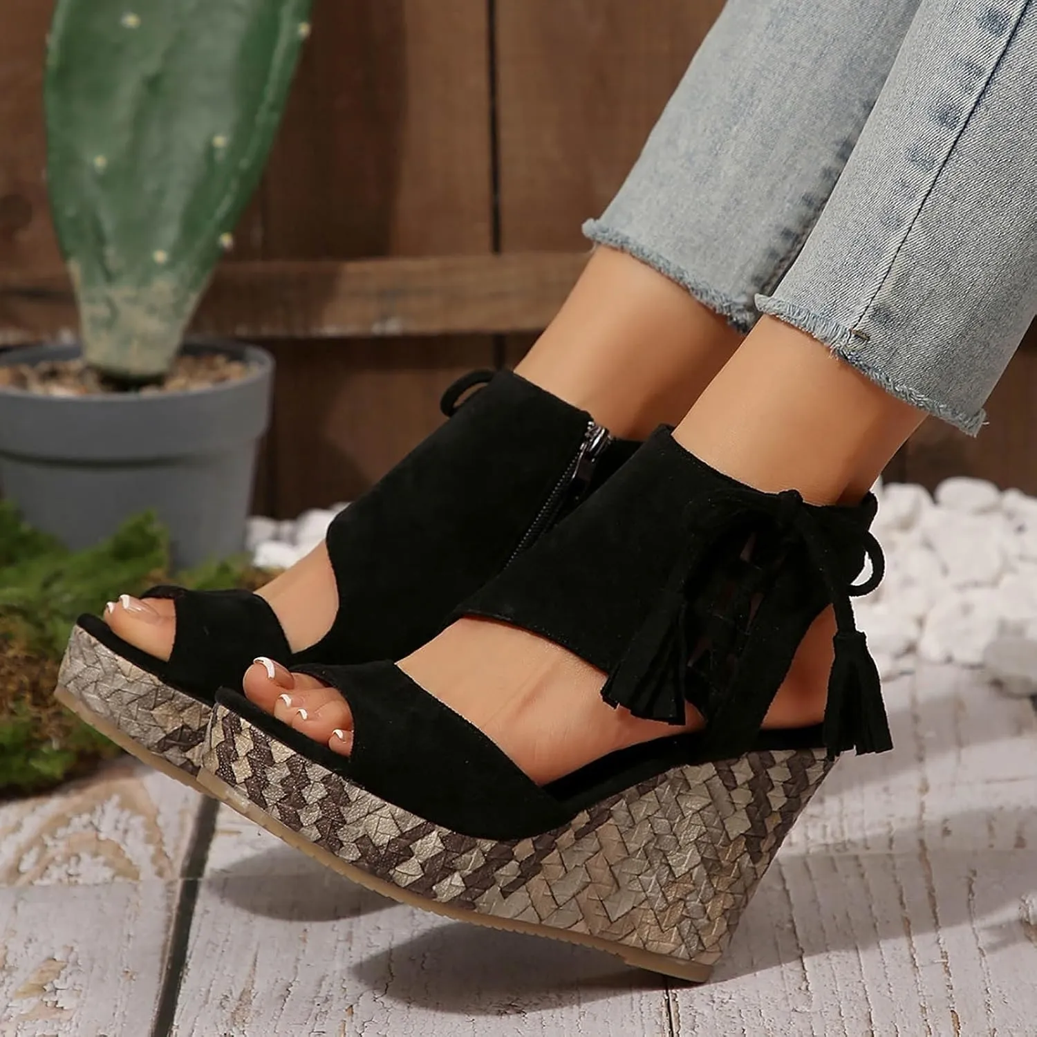 Wedge Sandals for Women 2025 Dressy Summer Open Toe Suede Espadrilles Sandals Comfortable Ankle Strap Platform Wedges Boho Orthopedic High Heels Beach Shoes