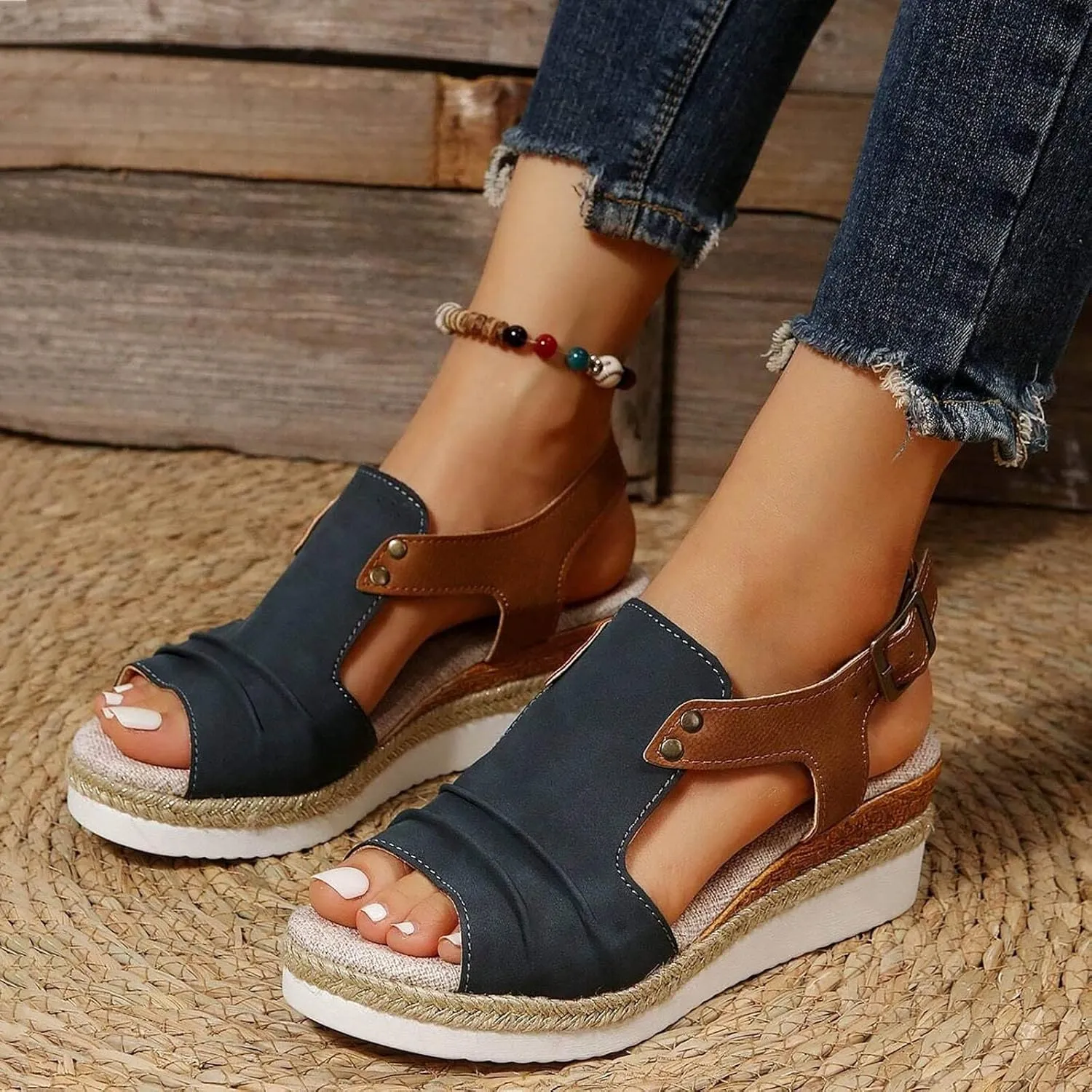 Wedge Sandals for Women Dressy Summer 2025, Women Espadrilles Wedges Ankle Strap Open Toe Sandals Wedge Platform Sandals Ladies Slip on Sandals Casual Low Heels Sandals