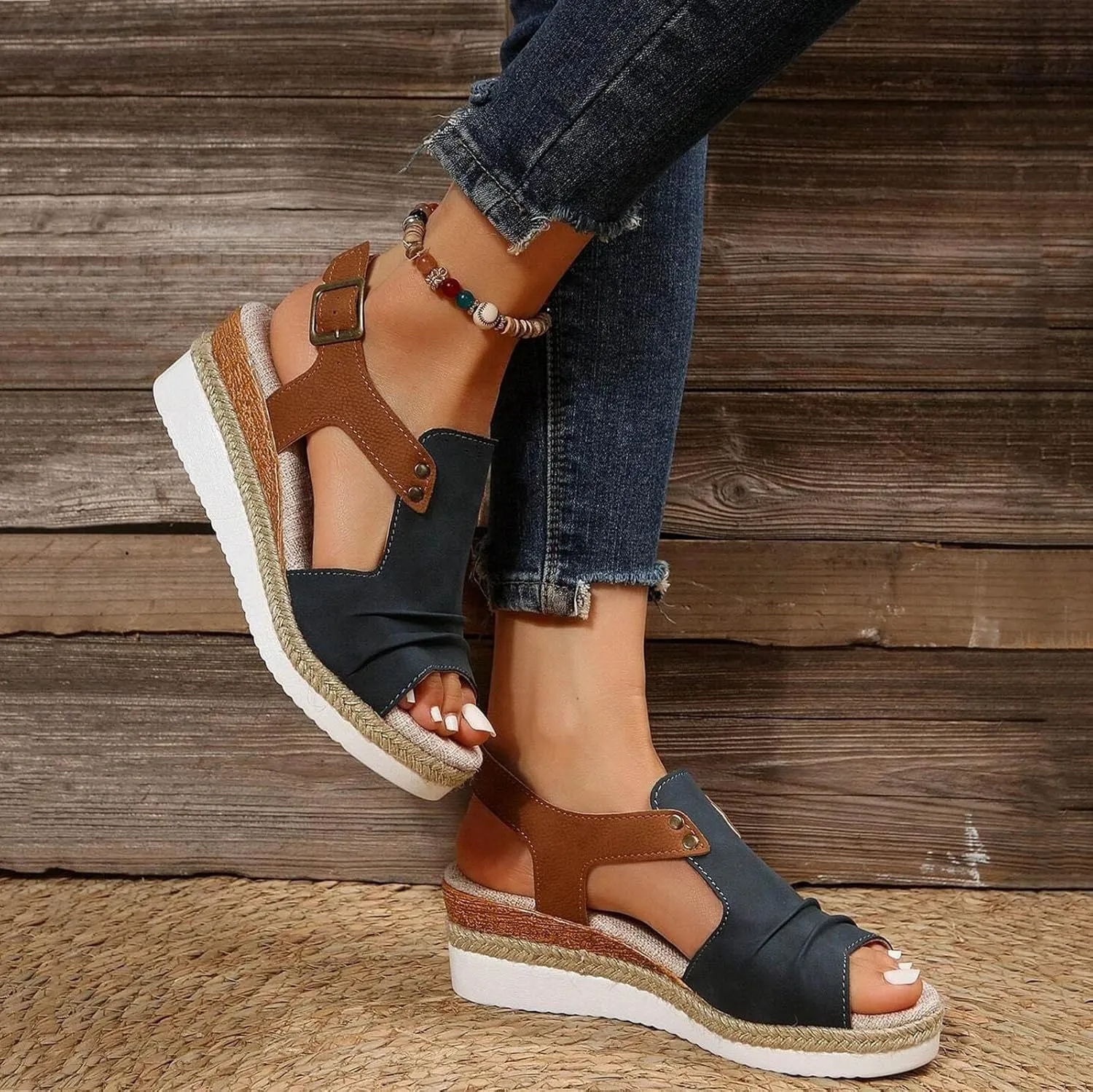Wedge Sandals for Women Dressy Summer 2025, Women Espadrilles Wedges Ankle Strap Open Toe Sandals Wedge Platform Sandals Ladies Slip on Sandals Casual Low Heels Sandals