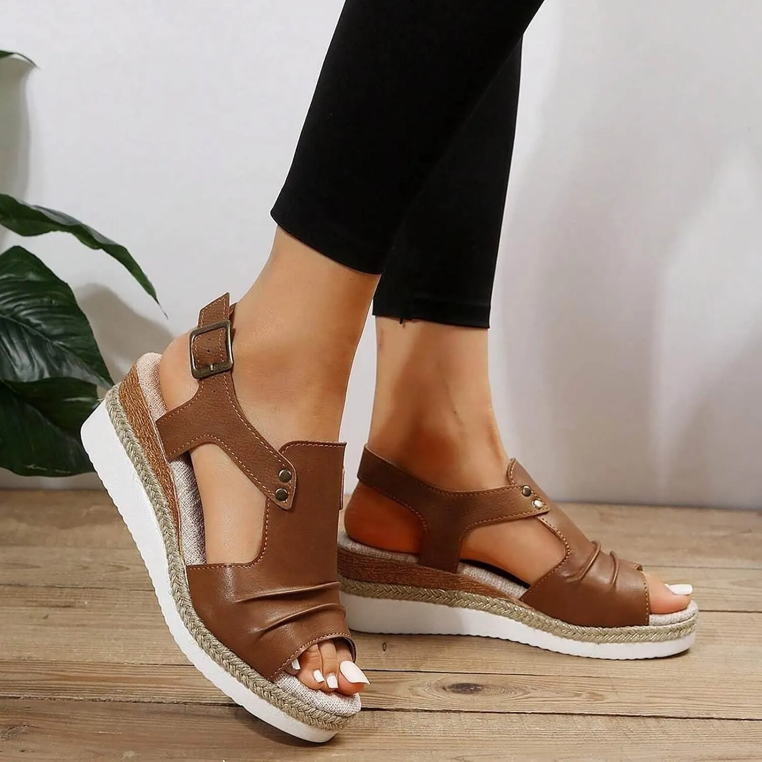 Wedge Sandals for Women Dressy Summer 2025, Women Espadrilles Wedges Ankle Strap Open Toe Sandals Wedge Platform Sandals Ladies Slip on Sandals Casual Low Heels Sandals