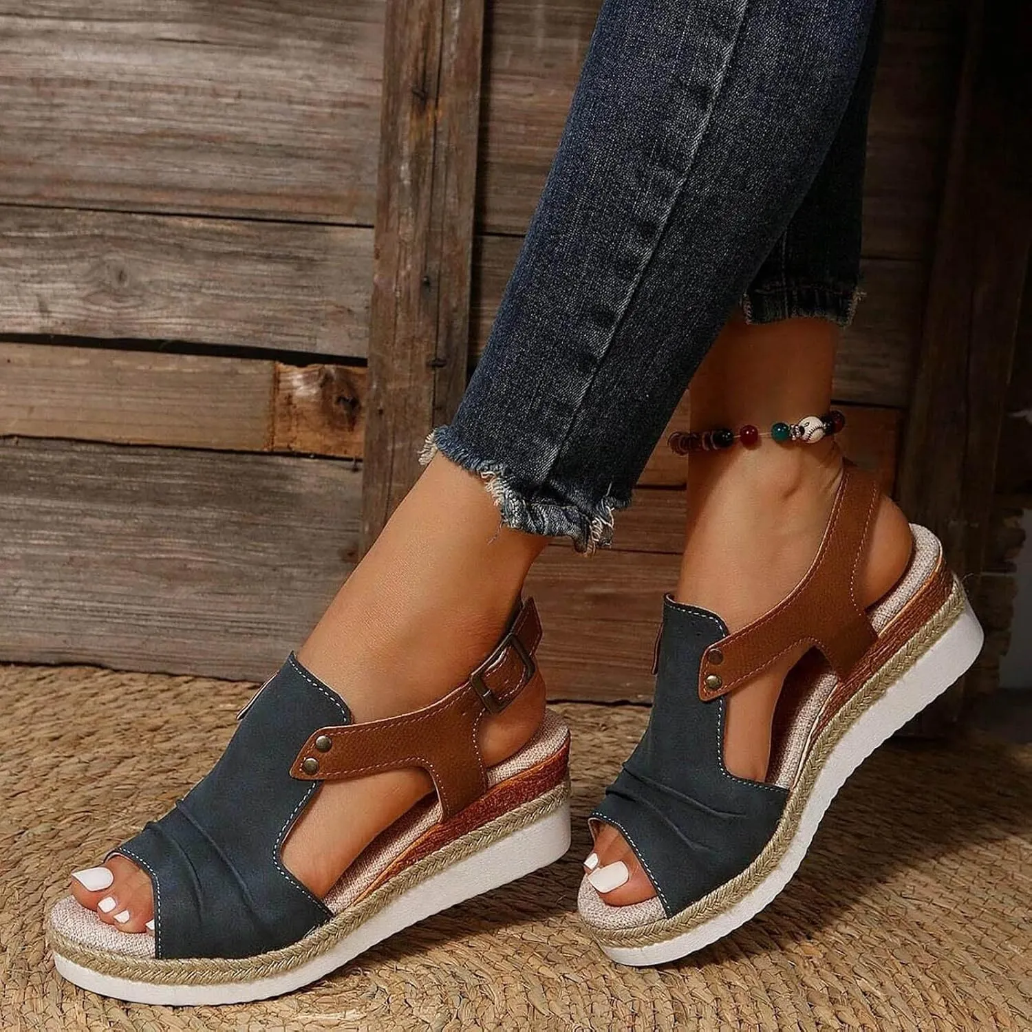 Wedge Sandals for Women Dressy Summer 2025, Women Espadrilles Wedges Ankle Strap Open Toe Sandals Wedge Platform Sandals Ladies Slip on Sandals Casual Low Heels Sandals