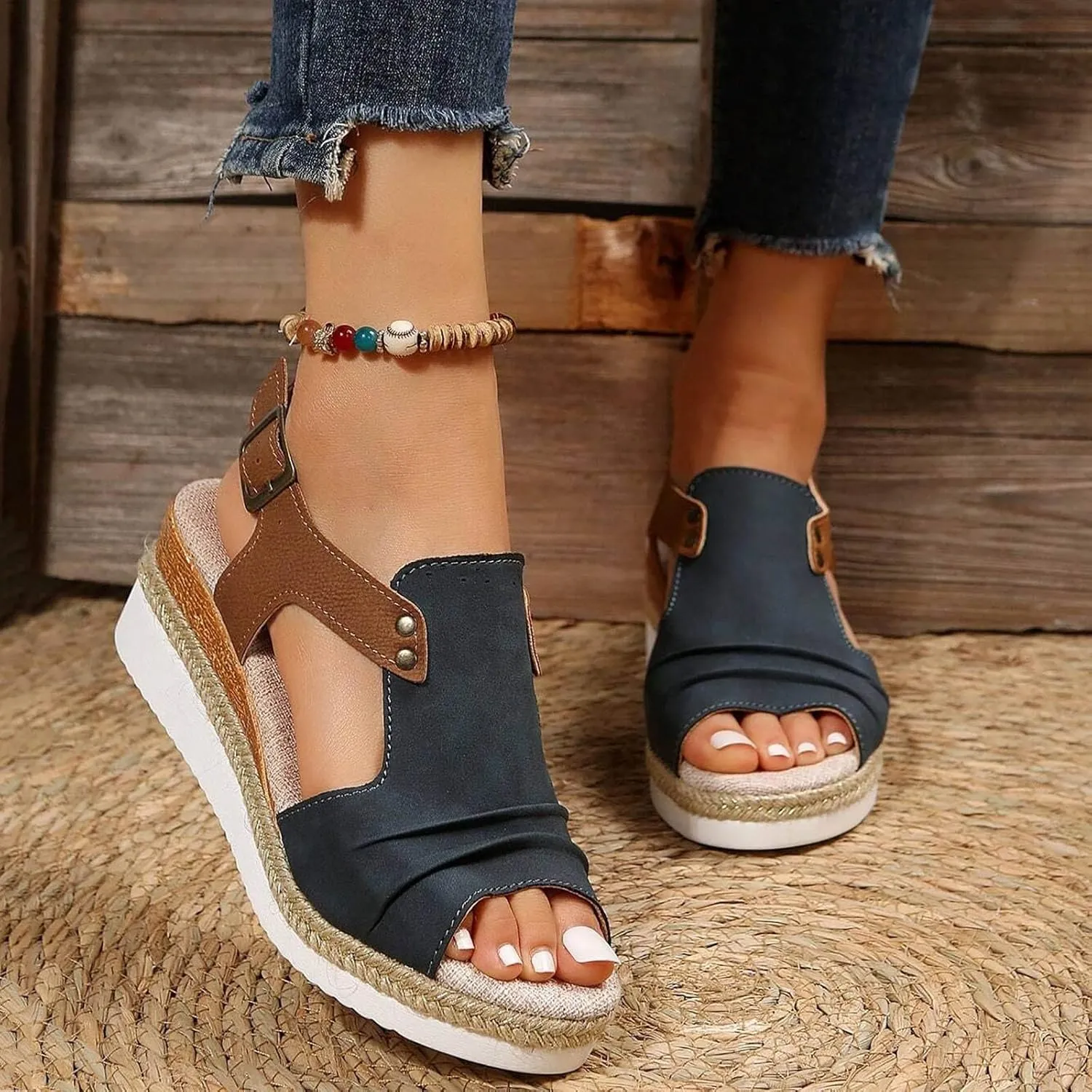 Wedge Sandals for Women Dressy Summer 2025, Women Espadrilles Wedges Ankle Strap Open Toe Sandals Wedge Platform Sandals Ladies Slip on Sandals Casual Low Heels Sandals