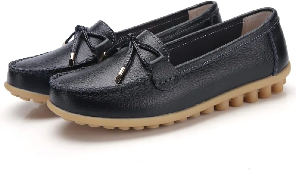 WERWAES Casual Womens Loafers Flat Classic Lace-up Round Toe Leather Slip-on Penny Loafers for Womens Comfortable Lightweight Driving Outdoor Moccasins Boat Flats Shoes