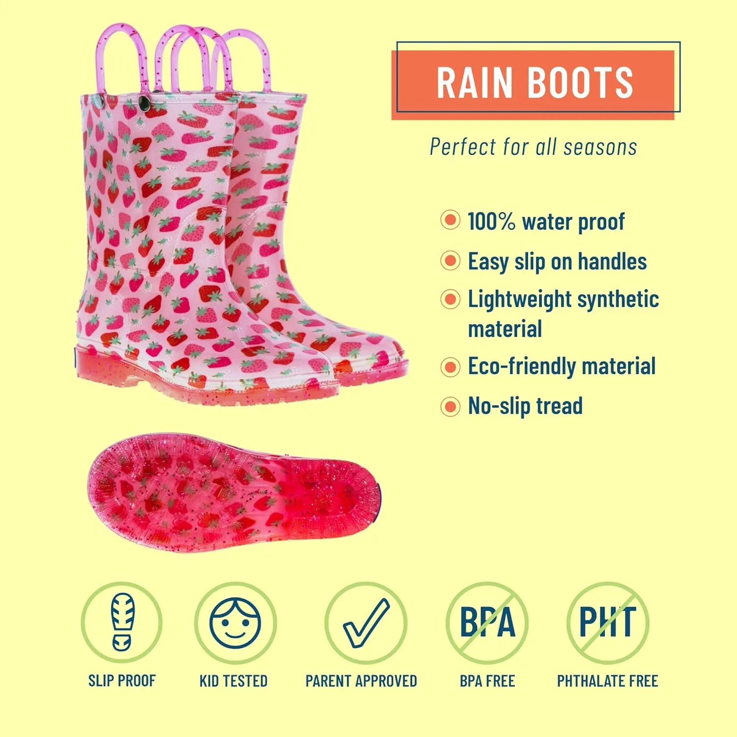 Wildkin Kids Rain Boots – 100% Waterproof with Slip-Resistant Tread & Easy Pull Handles