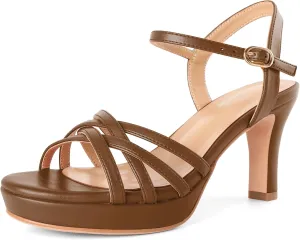 Women Platform Heel Sandals Strappy Heel Sandals Chunky Heel Sandals Open Toe Sandals Slingback Heel Sandals Comfort Dressy for Evening Party 3.5 Inch