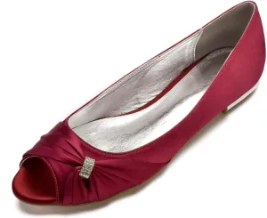 Women Satin Rhinestone Peep Toe Wedding Shoes Bride Bridesmaid Slip-on Prom Evening Party Dress Flat Shoes
