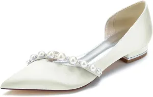 Women Slip on Satin Flat Wedding Shoes Pointed Toe Pearl Prom Evening Bridal Party Dress Flats