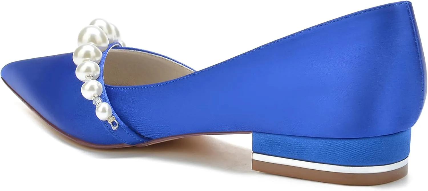 Women Slip on Satin Flat Wedding Shoes Pointed Toe Pearl Prom Evening Bridal Party Dress Flats