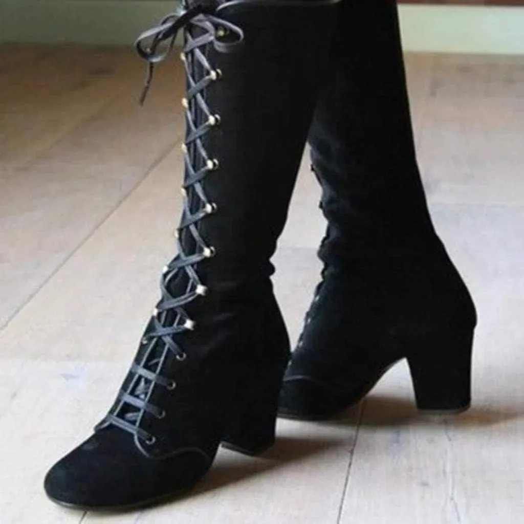 Women Vintage Victorian Gothic Mid Calf Height Boots Casual Lace up Thick High Heels Booties Winter Warm Shoes