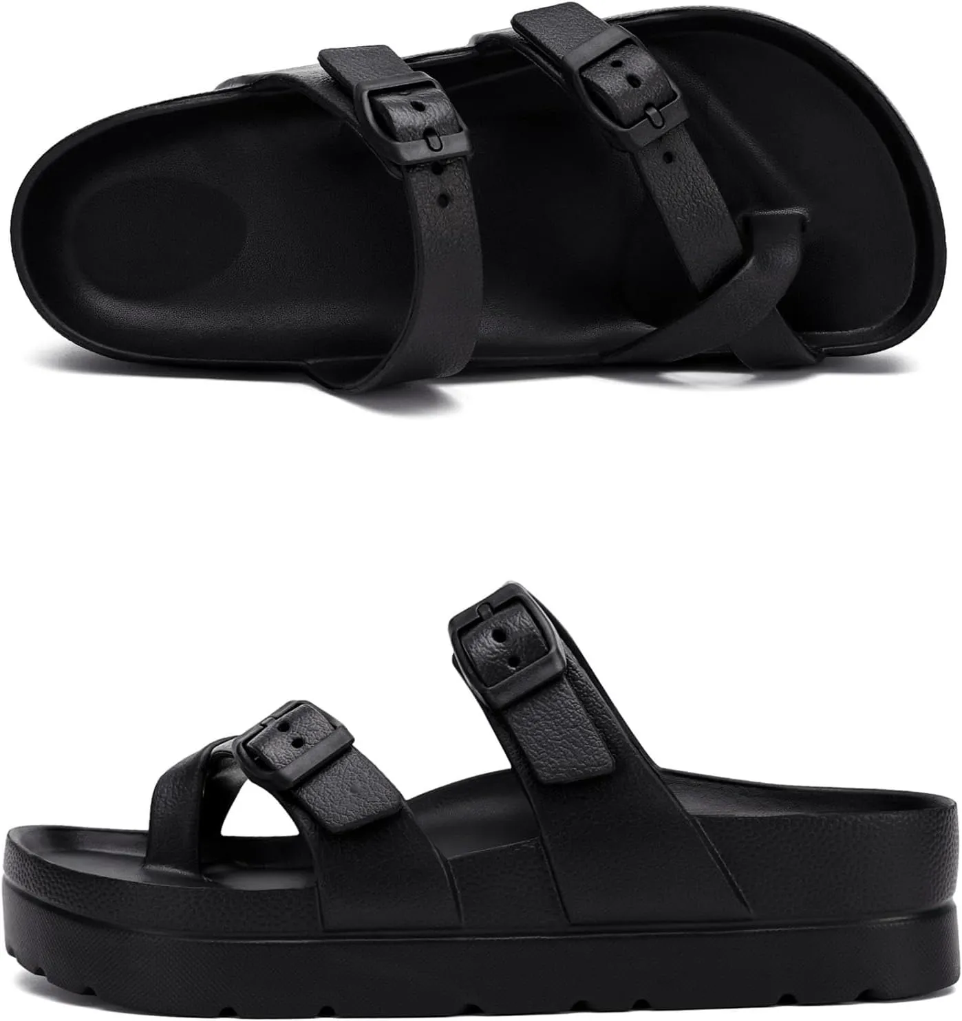 Womens Arch Support Platform Sandals Comfort Slides Thick Soles Flat Sandals With Adjustable Buckle & Ultra Cushion