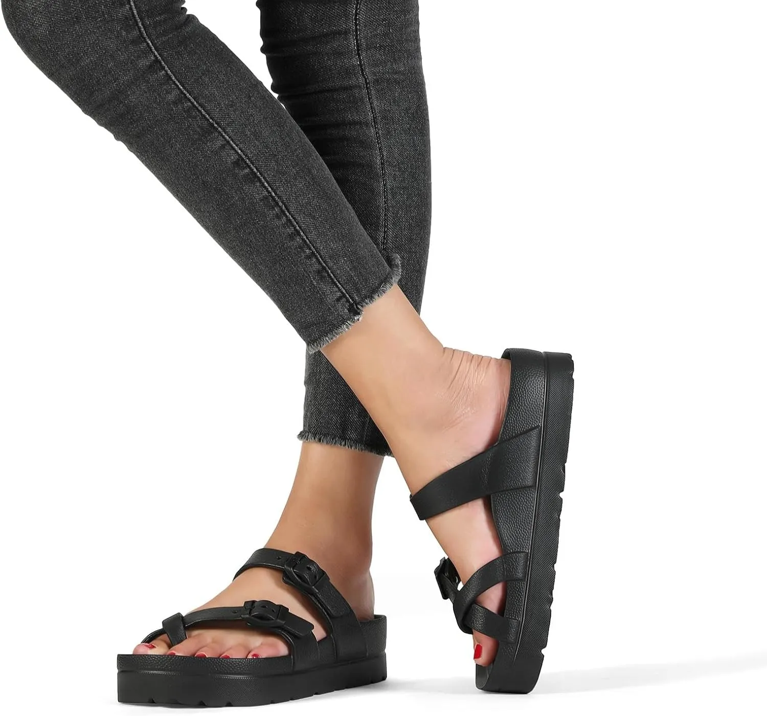 Womens Arch Support Platform Sandals Comfort Slides Thick Soles Flat Sandals With Adjustable Buckle & Ultra Cushion