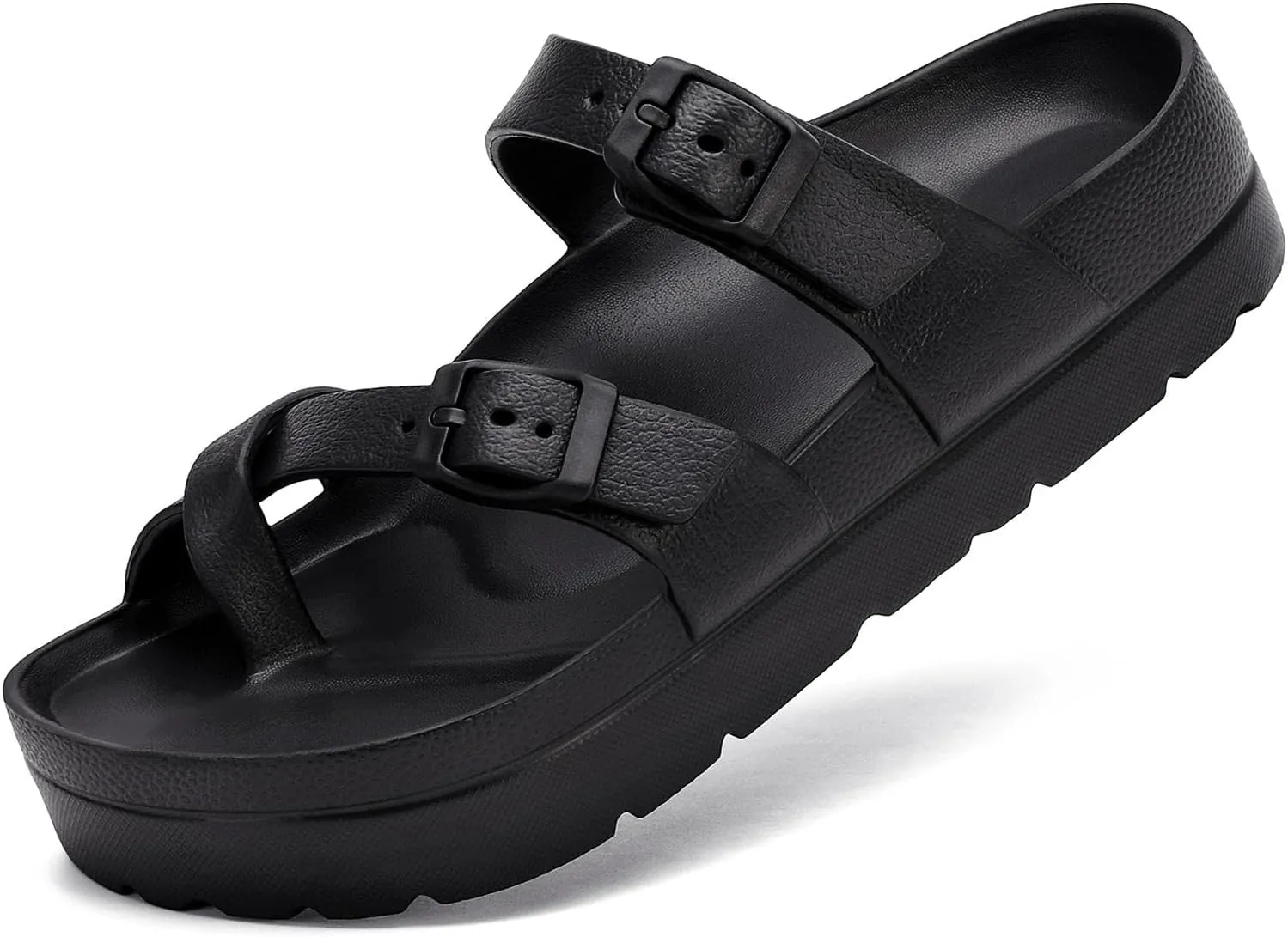 Womens Arch Support Platform Sandals Comfort Slides Thick Soles Flat Sandals With Adjustable Buckle & Ultra Cushion