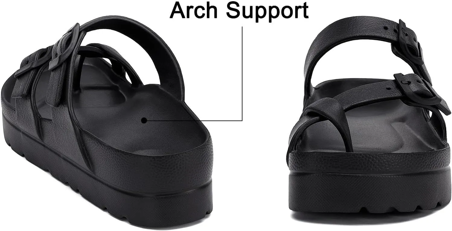 Womens Arch Support Platform Sandals Comfort Slides Thick Soles Flat Sandals With Adjustable Buckle & Ultra Cushion