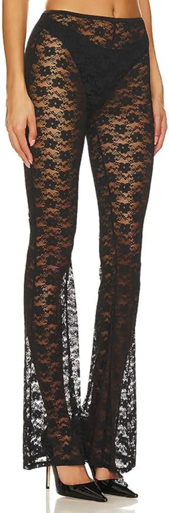 Women's Black Floral Lace Bell Bottom See Through Elastic Hollow Out Sheer Mesh Leg Cover Up Costume Flare Pants