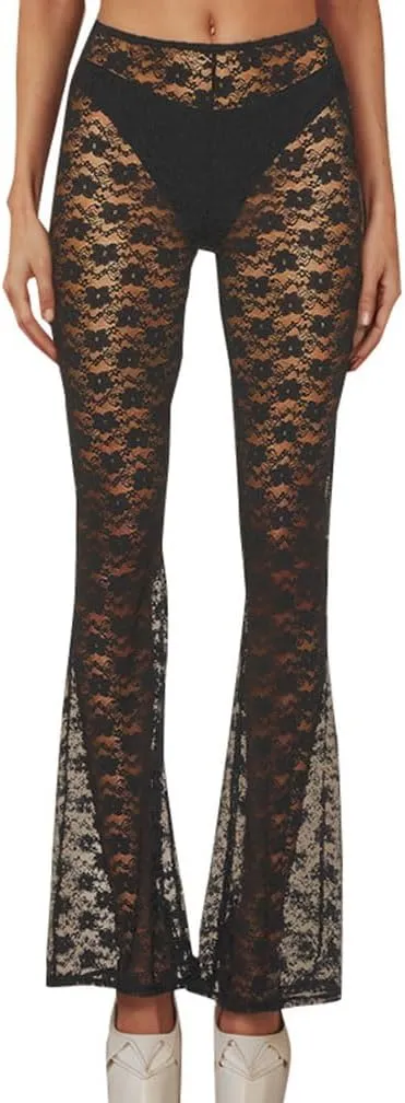 Women's Black Floral Lace Bell Bottom See Through Elastic Hollow Out Sheer Mesh Leg Cover Up Costume Flare Pants