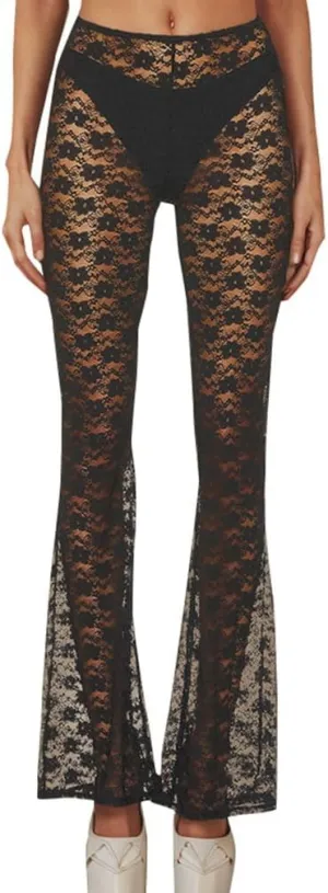 Women's Black Floral Lace Bell Bottom See Through Elastic Hollow Out Sheer Mesh Leg Cover Up Costume Flare Pants