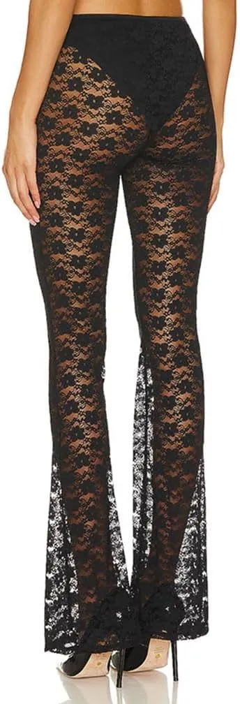 Women's Black Floral Lace Bell Bottom See Through Elastic Hollow Out Sheer Mesh Leg Cover Up Costume Flare Pants