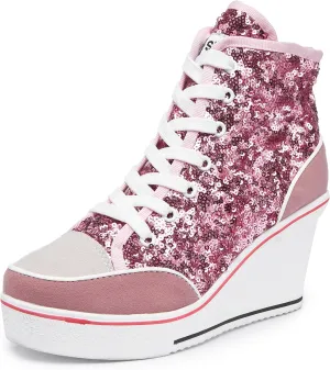 Women's Canvas High-Heeled Bling Shoes Casual Shoes Fashion Sparkling Sneakers for Walking Platform Wedges Pump Shoes