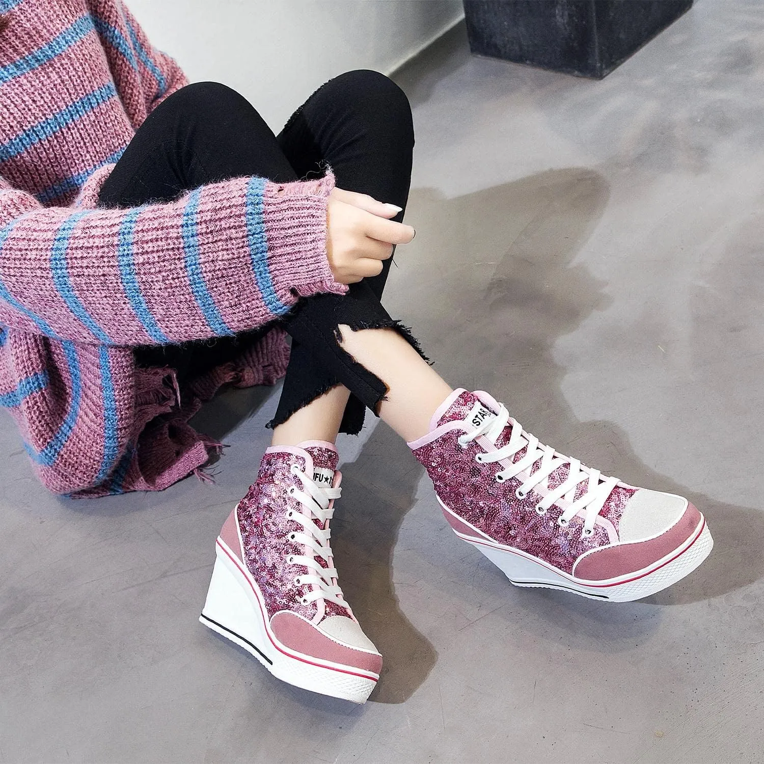 Women's Canvas High-Heeled Bling Shoes Casual Shoes Fashion Sparkling Sneakers for Walking Platform Wedges Pump Shoes