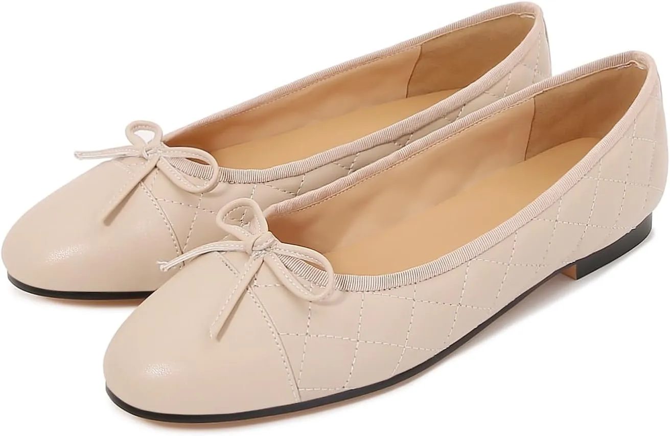 Women's Cap Toe Ballet Flats Two Tone Bow Flats Round Toe Shoes for Women Slip on Casual, Work, Dress Flats Pumps for Women